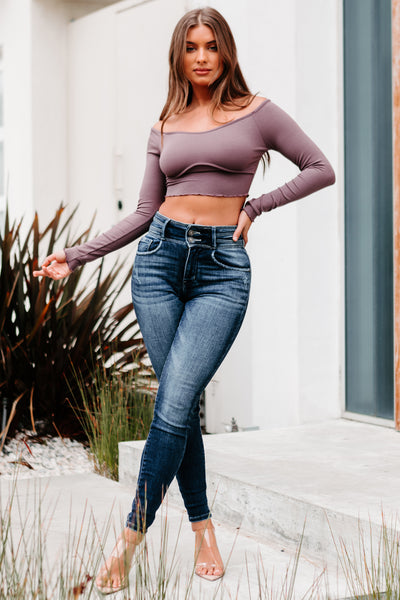 Work The Crowd Long Sleeve Off The Shoulder Crop Top (Dusty Plum) - NanaMacs