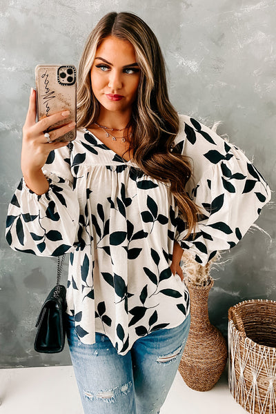 Foliage Is Power Leaf Printed Long Sleeve Top (Cream/Black) - NanaMacs