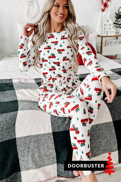 Holiday Steal- Tree Cutting Time Fleece Lined Pajama Set (White/Red Car) - NanaMacs