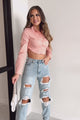 That's Putting It Mildly Long Sleeve Tie-Back Cropped Blouse (Peach)