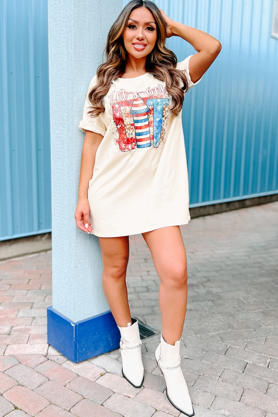 "Let's Get Lit" Oversized Graphic T-Shirt Dress (Vanilla) - Print On Demand - NanaMacs