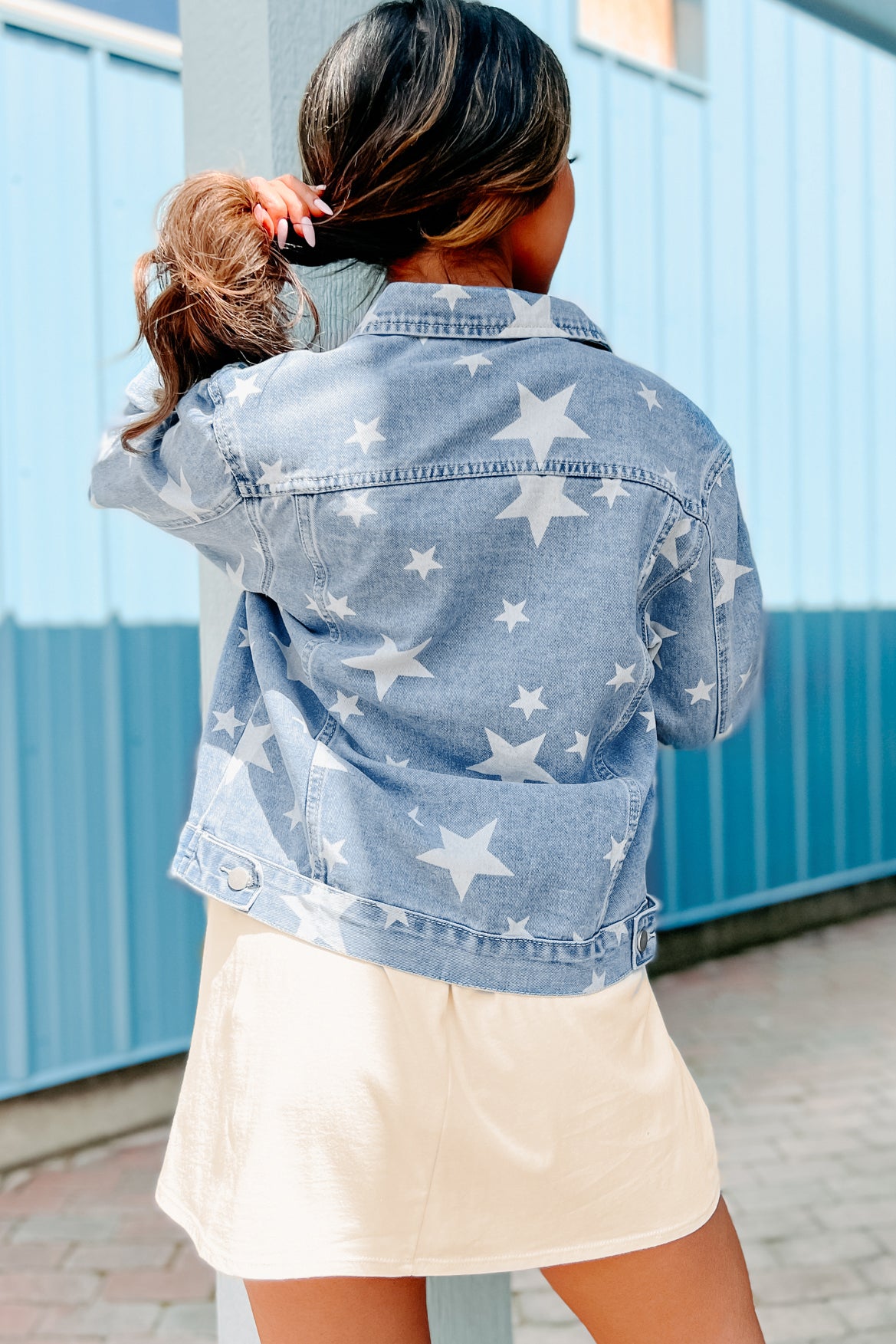 Free & True Star Printed Denim Jacket (Light Denim) - NanaMacs