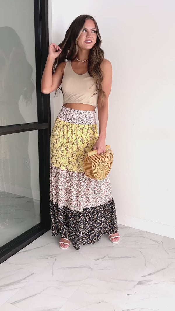 Living In The Sun Tiered Floral Maxi Skirt (Yellow Multi) - NanaMacs