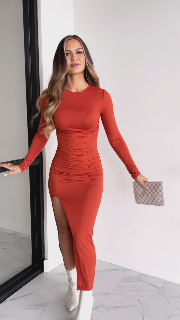 Teach You A Lesson Front Slit Long Sleeve Maxi Dress (Burnt Orange) - NanaMacs