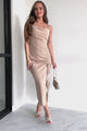 Captured Your Heart Ruched Midi Dress (Taupe)