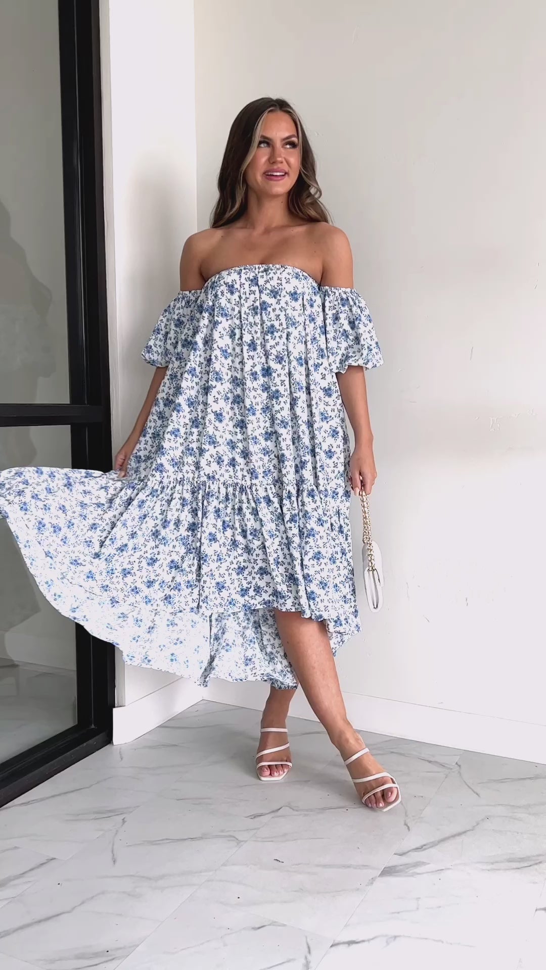 Beautiful Thoughts Floral Off The Shoulder Midi Dress (Blue/White)