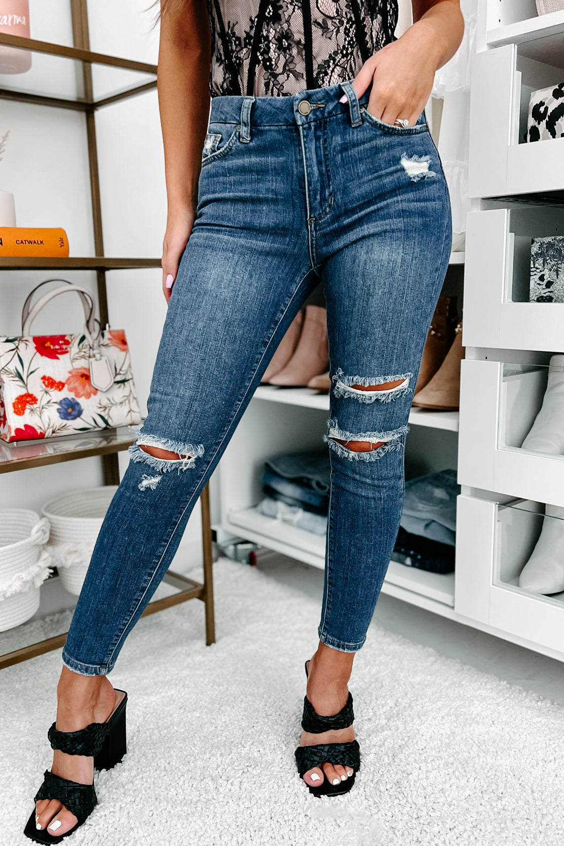 Kimana Just Panmaco Mid-Rise Distressed Skinny Jeans (Medium Denim) - NanaMacs