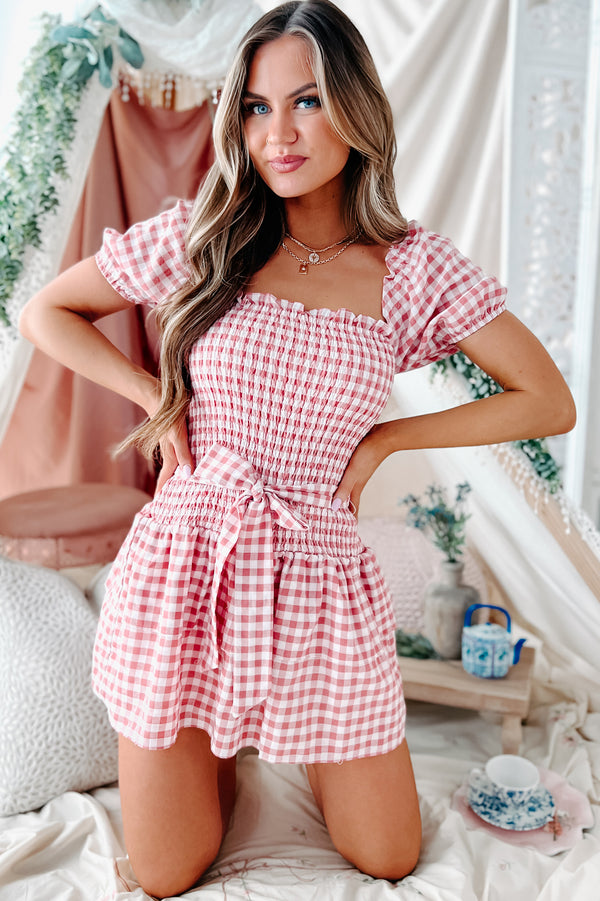 Oh So Southern Gingham Smocked Mini Dress (Rose/White) - NanaMacs