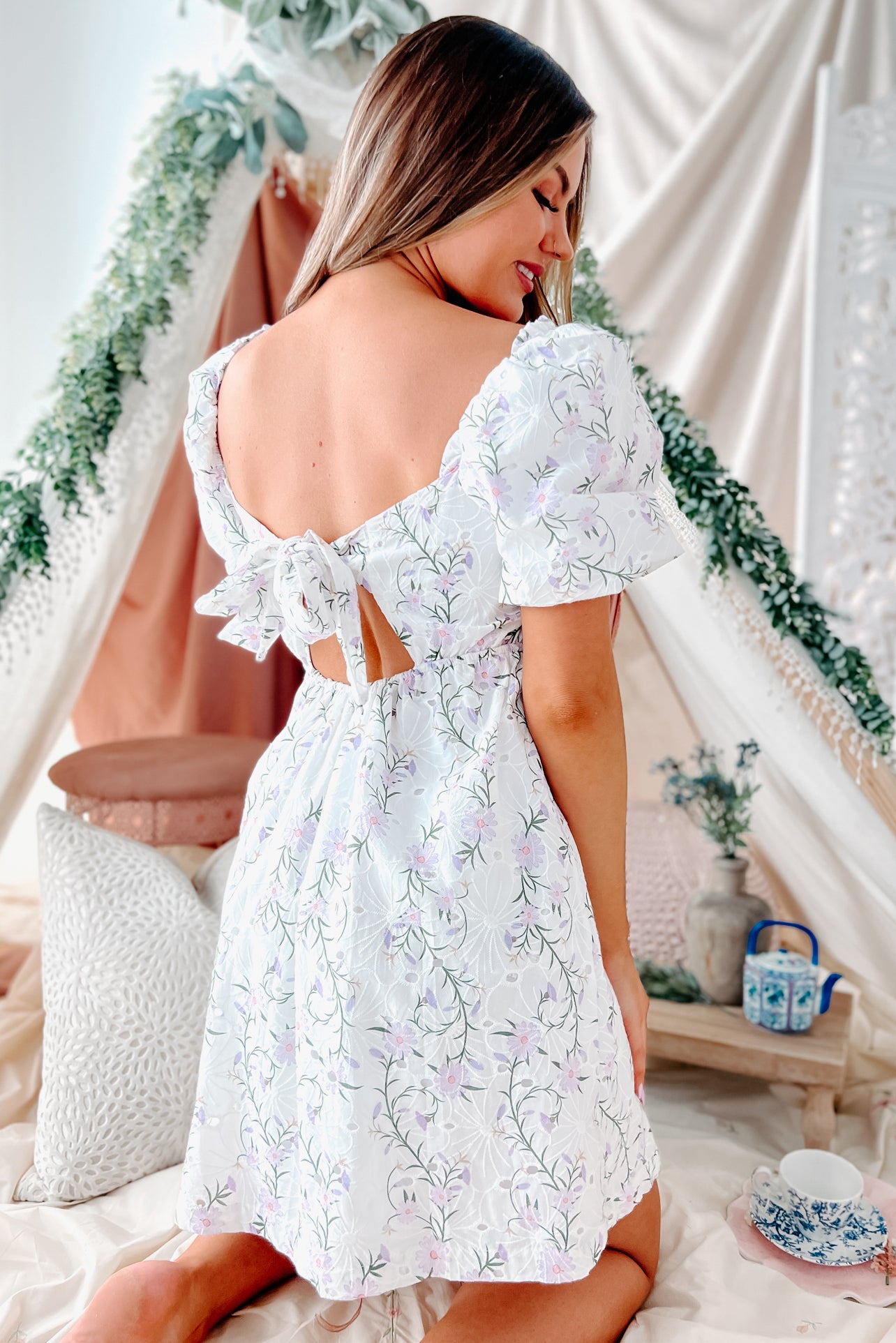 Sensational Afternoon Floral Eyelet Puff Sleeve Mini Dress (Off  White/Lavender)