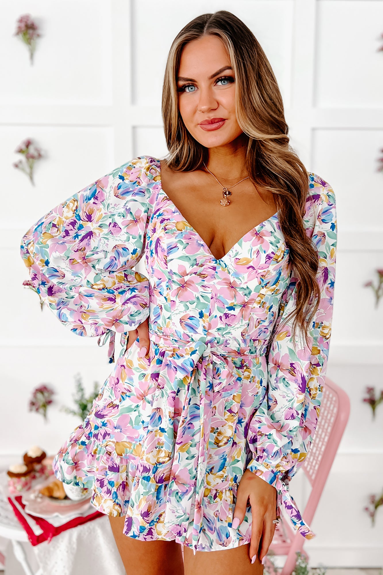 Spring Sweetie Long Sleeve Floral Romper (White Multi) - NanaMacs