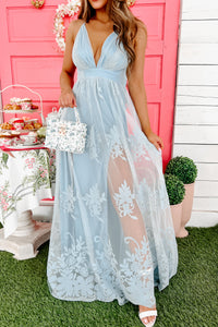 Eternal Bond Floral Velvet Mesh Maxi Dress (Light Blue) - NanaMacs