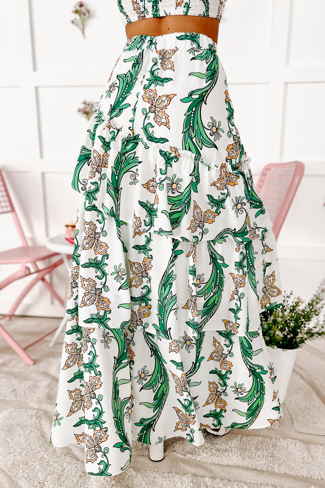 Flourishing Beauty Floral Crop Top & Skirt Set (Green/White/Yellow) - NanaMacs