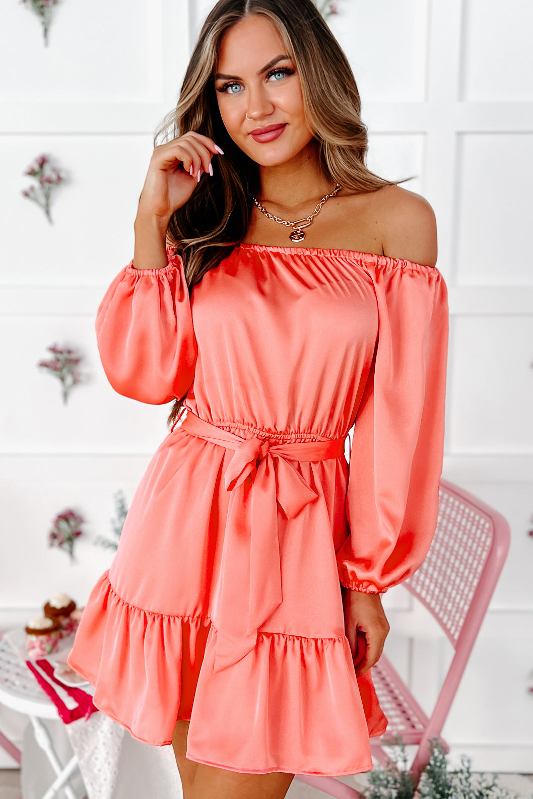 Afternoon Angel Off The Shoulder Bubble Sleeve Mini Dress (Coral) - NanaMacs