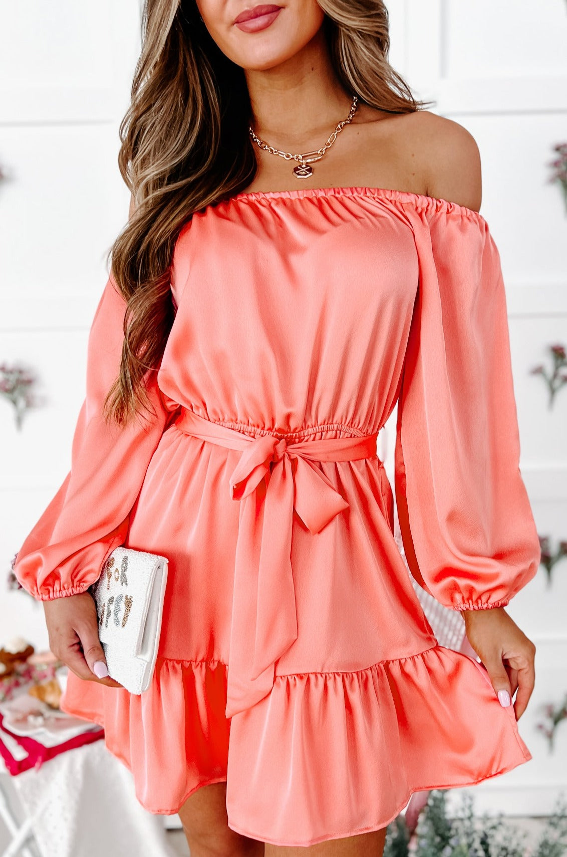 Afternoon Angel Off The Shoulder Bubble Sleeve Mini Dress (Coral) - NanaMacs