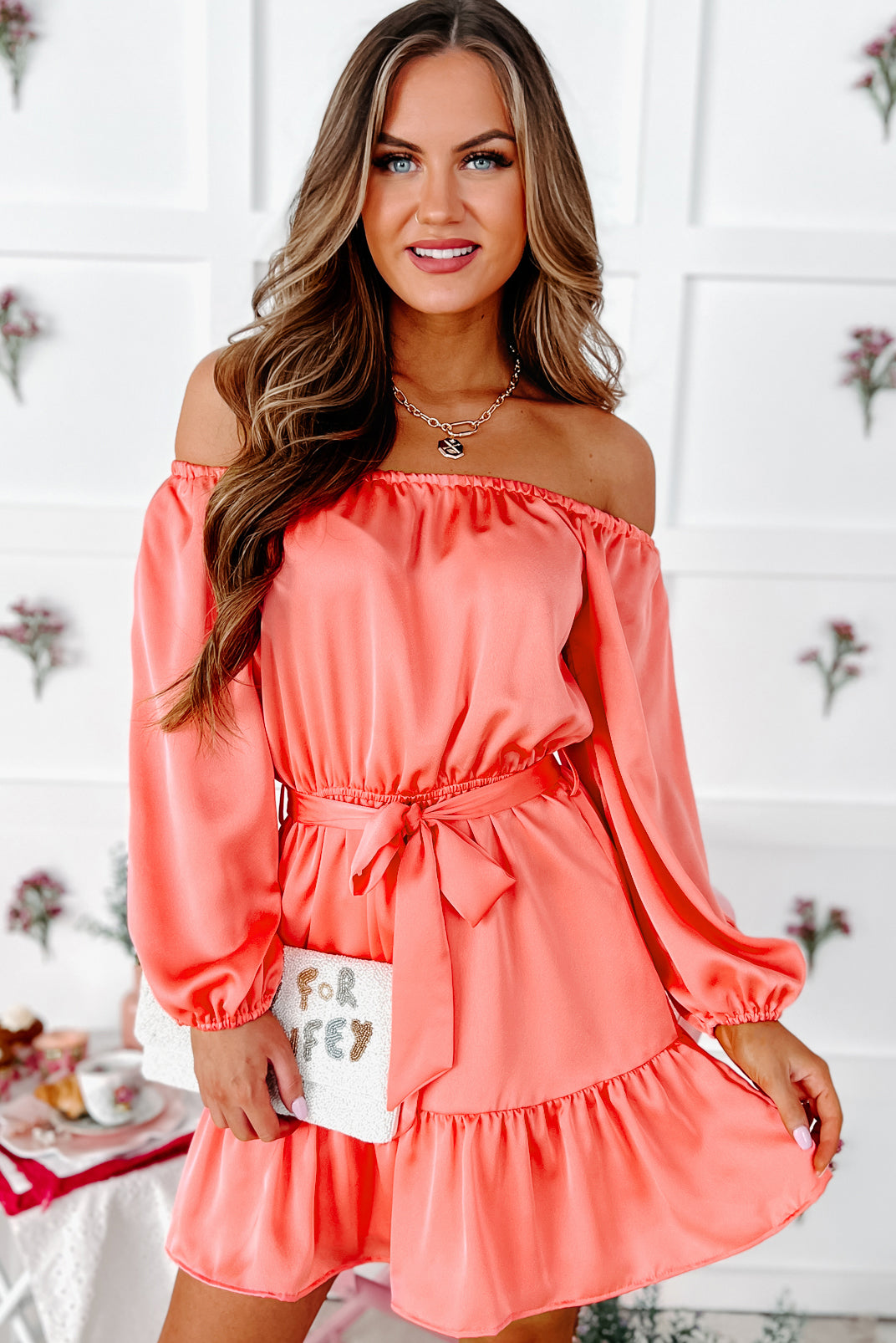 Afternoon Angel Off The Shoulder Bubble Sleeve Mini Dress (Coral) - NanaMacs