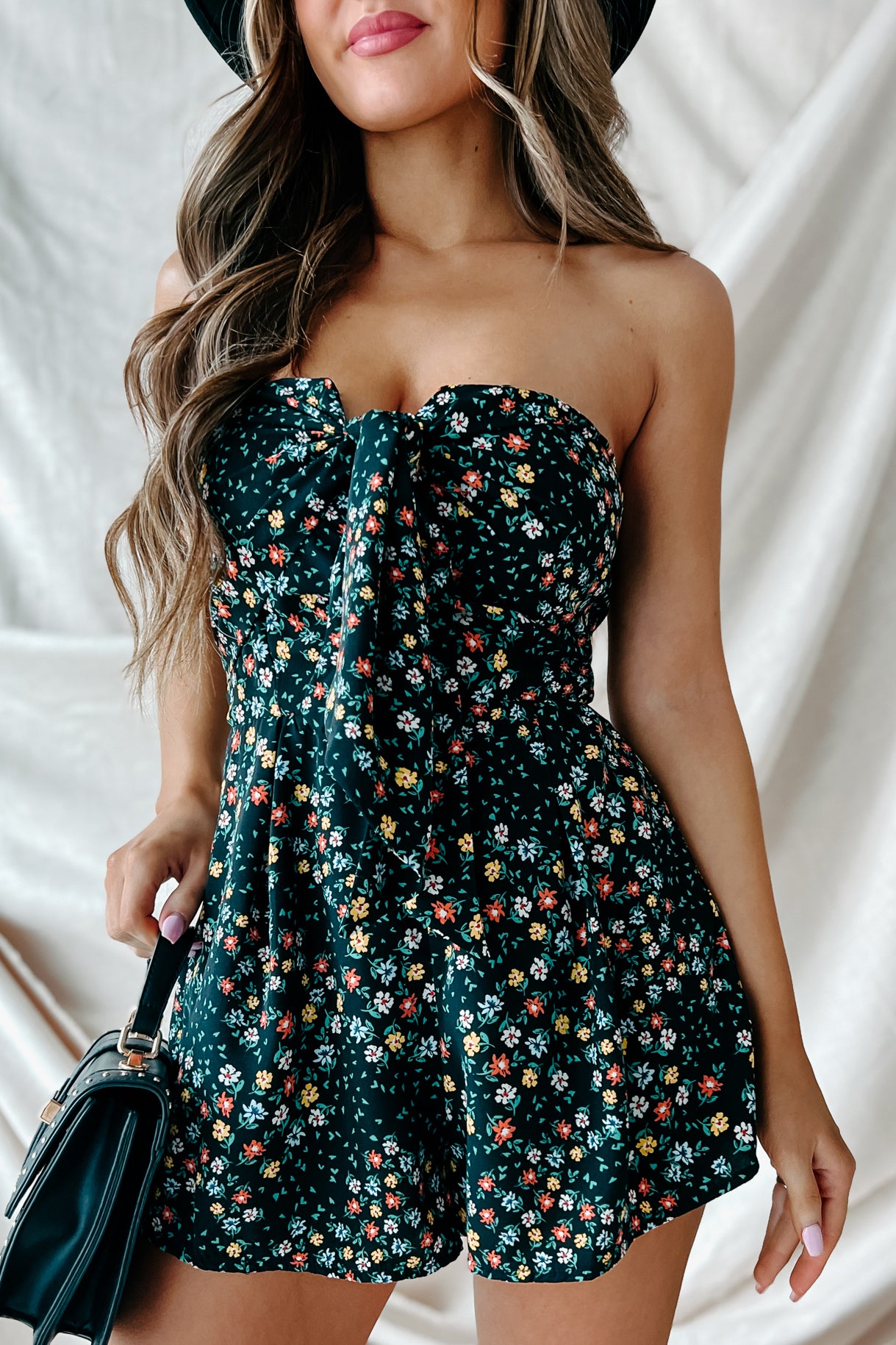 Hot Girl Alert Strapless Floral Romper (Black Multi) - NanaMacs