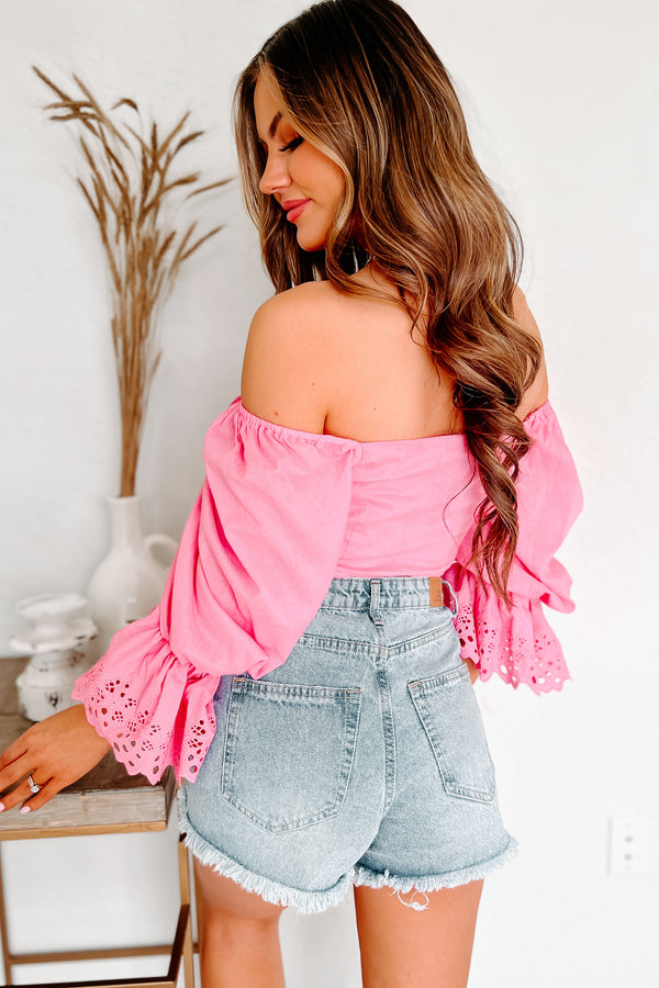 Distracted Thoughts Button-Front Lace Detailed Crop Top (Pink) - NanaMacs