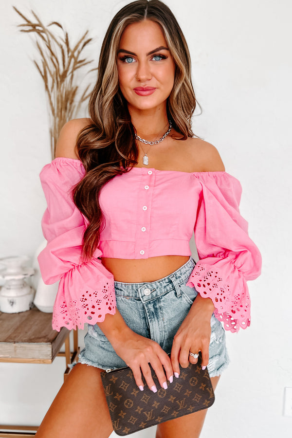 Distracted Thoughts Button-Front Lace Detailed Crop Top (Pink) - NanaMacs