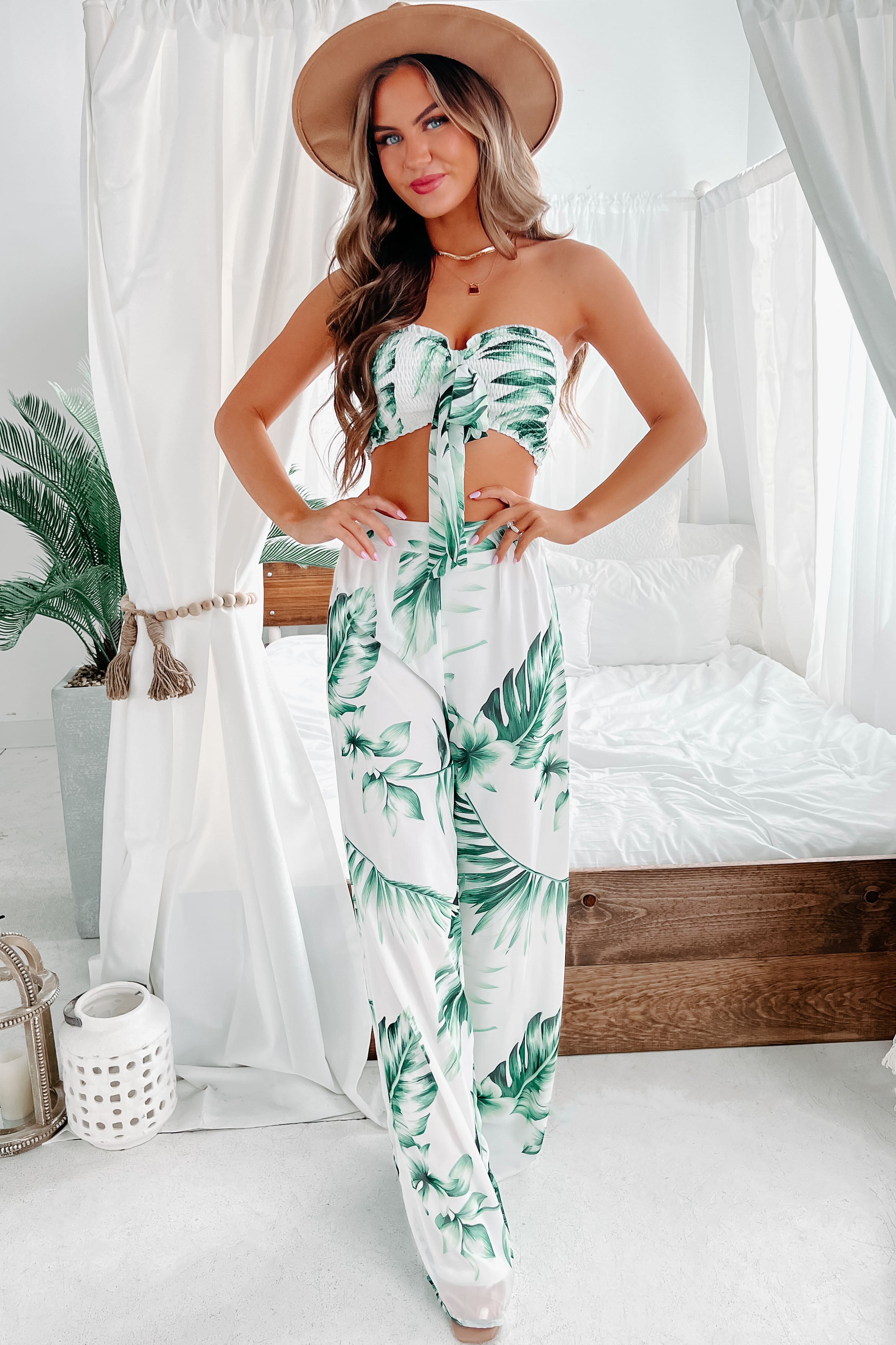 Tahitian Sunsets Tropical Print Two-Piece Set (Ivory/Green) - NanaMacs