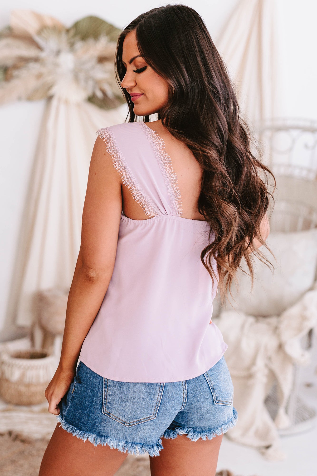 Fabled Stories Lace Trimmed Cap Sleeve Top (Dusty Lavender) - NanaMacs