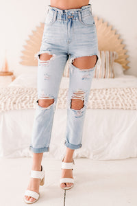 Tiana Kancan High Rise Distressed Paperbag Jeans (Light) - NanaMacs