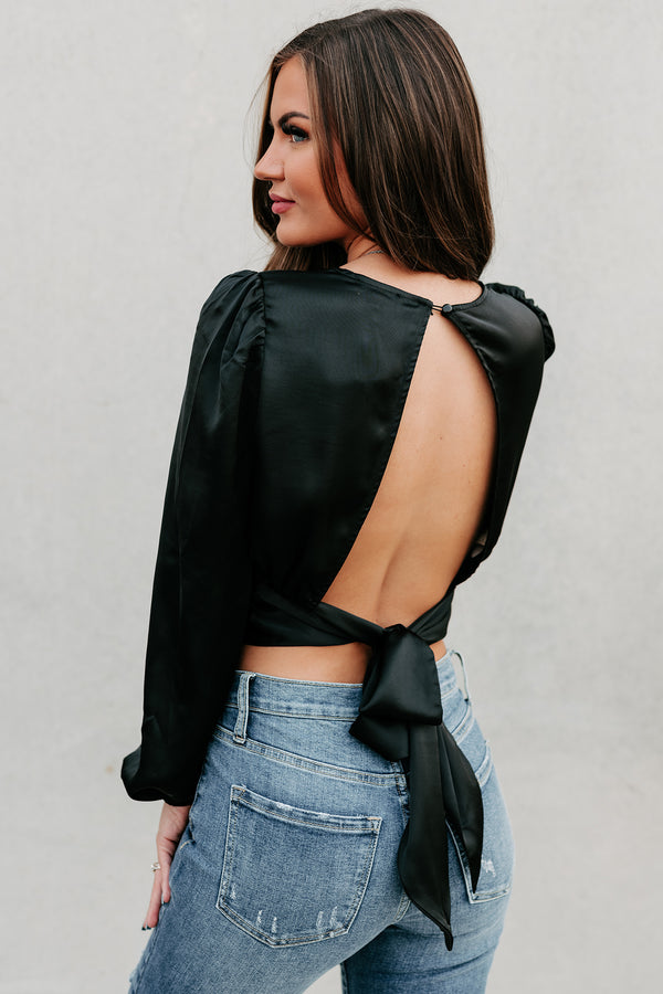 Irresistible Temptations Satin Tie-Back Crop Top (Black) - NanaMacs