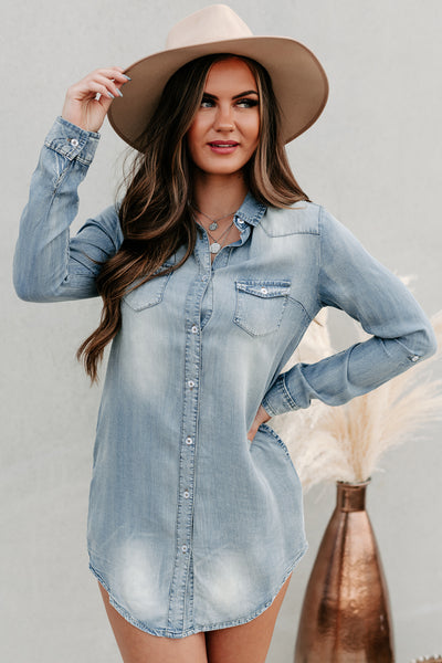 Line Em' Up Button-Down Chambray Dress (Denim) - NanaMacs