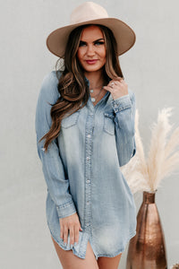 Line Em' Up Button-Down Chambray Dress (Denim) - NanaMacs
