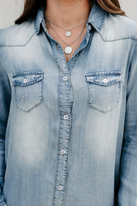 Line Em' Up Button-Down Chambray Dress (Denim) - NanaMacs