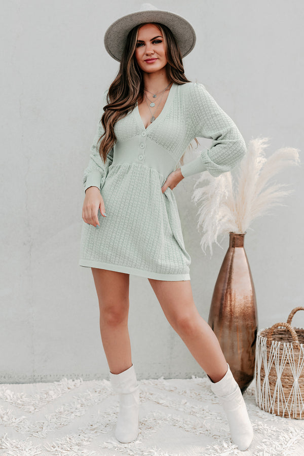 Swift Decisions Long Sleeve Button Front Sweater Dress (Dusty Sage) - NanaMacs