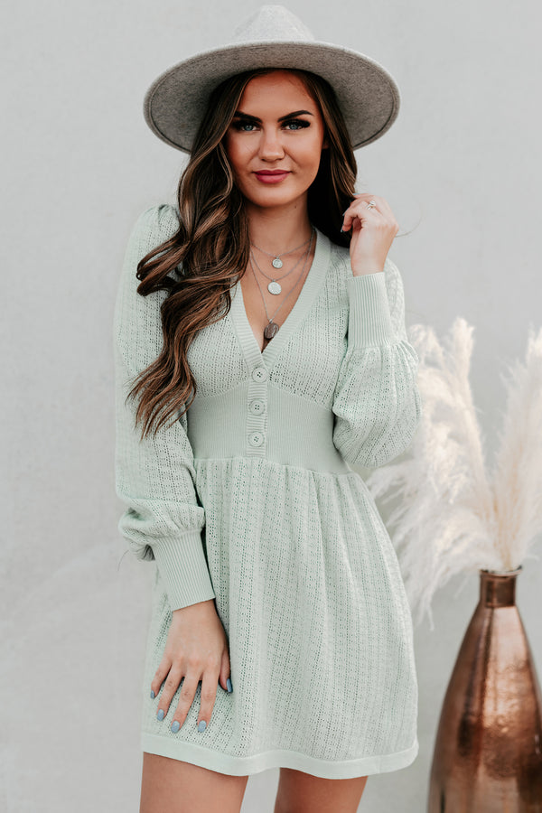 Swift Decisions Long Sleeve Button Front Sweater Dress (Dusty Sage) - NanaMacs