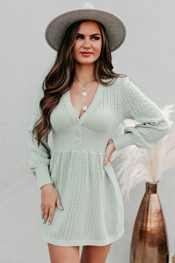 Swift Decisions Long Sleeve Button Front Sweater Dress (Dusty Sage) - NanaMacs