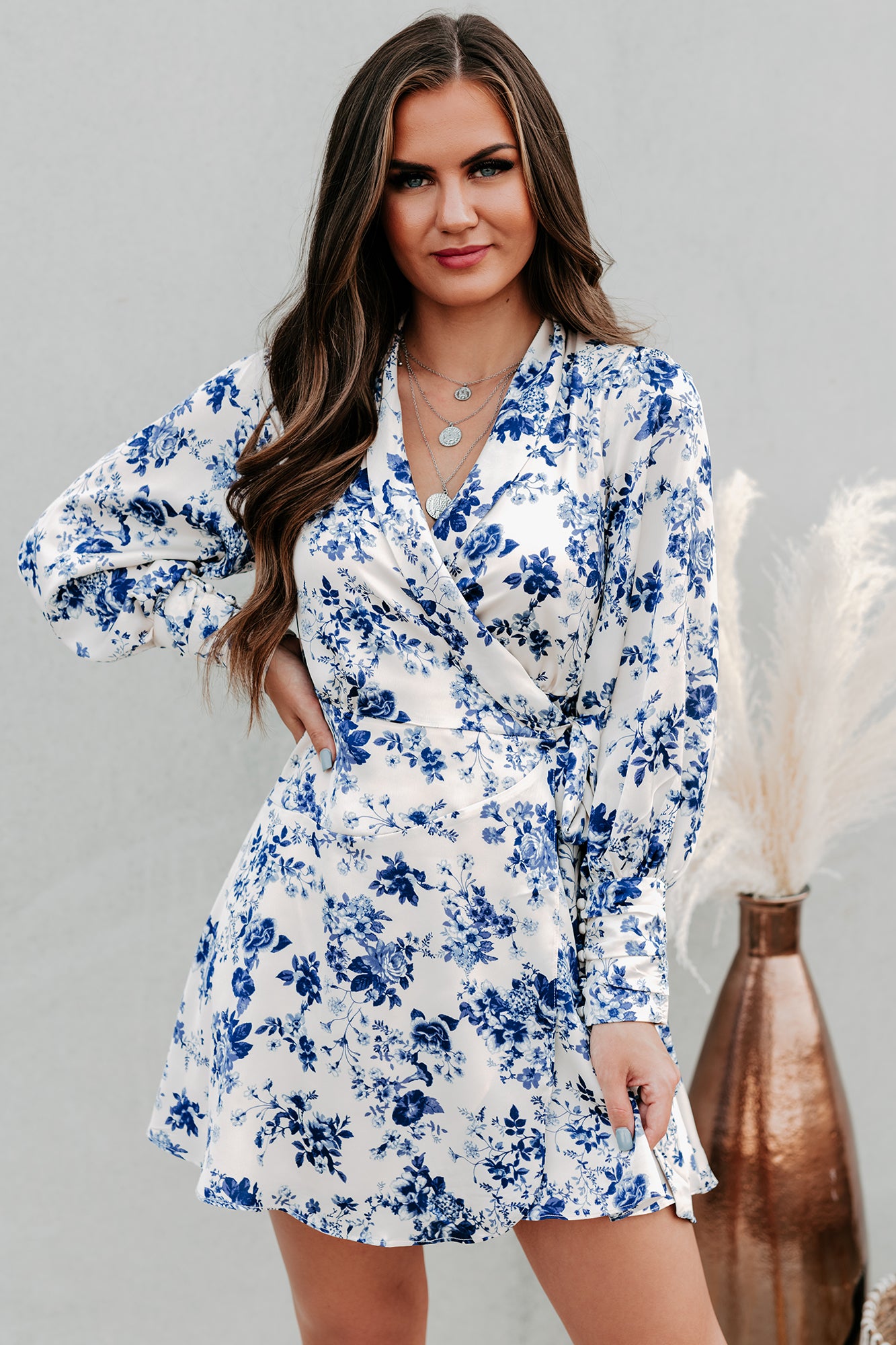 There's Only You Satin Floral Wrap Dress (Cream/Navy) - NanaMacs