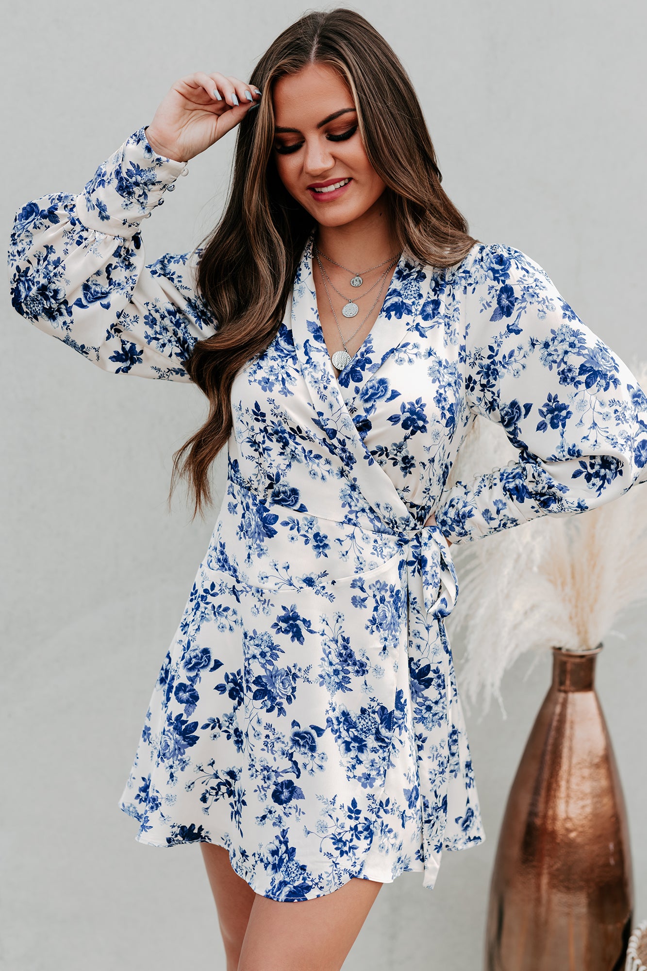 There's Only You Satin Floral Wrap Dress (Cream/Navy) - NanaMacs
