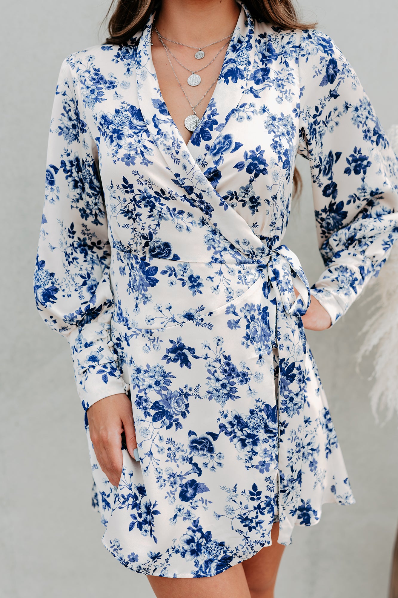 There's Only You Satin Floral Wrap Dress (Cream/Navy) - NanaMacs