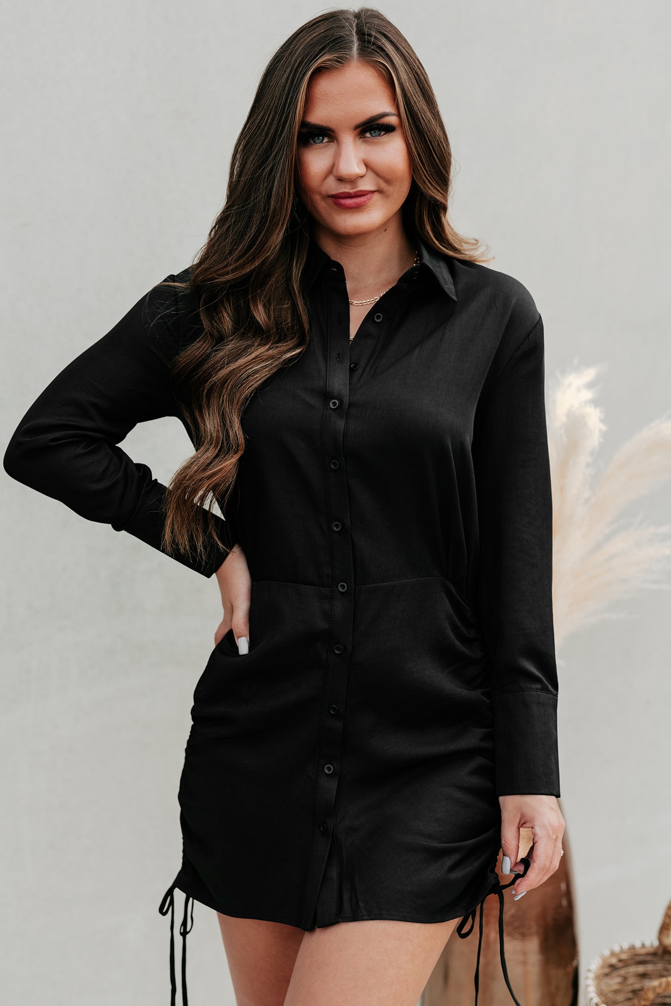 Confident Woman Long Sleeve Side Drawstring Shirt Dress (Black) - NanaMacs