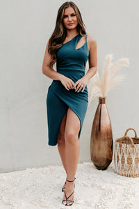 Iconic Moment One Shoulder Cut-Out Midi Dress (Teal) - NanaMacs