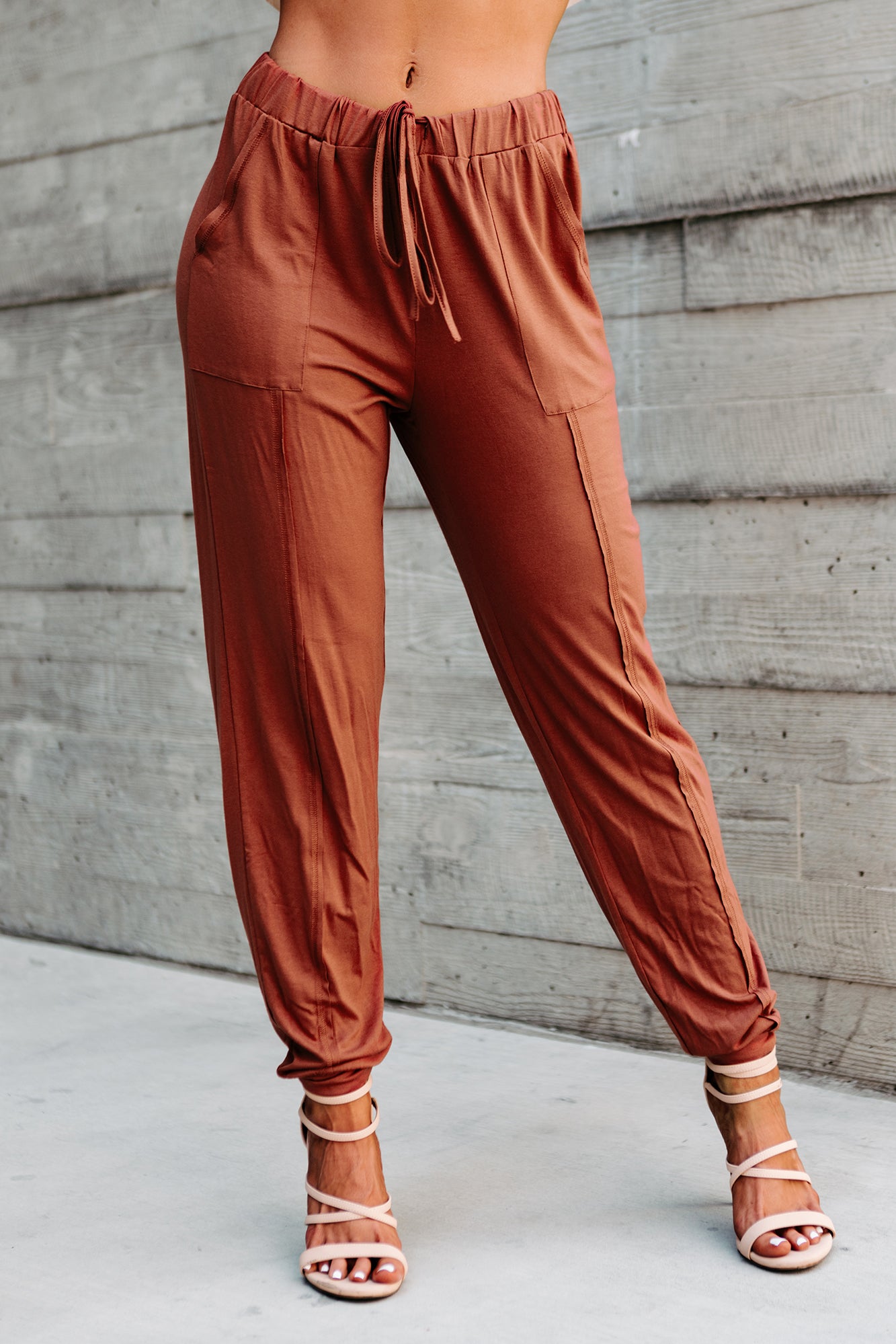 Early Morning Flights Raw Edge Drawstring Waist Joggers (Marsala) - NanaMacs