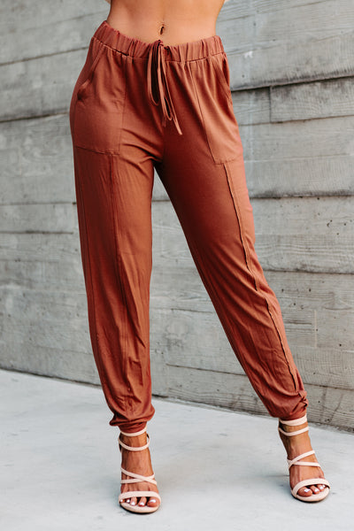 Early Morning Flights Raw Edge Drawstring Waist Joggers (Marsala) - NanaMacs