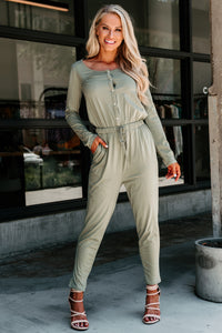 Cozy Queen Long Sleeve Button-Down Jumpsuit (Sage) - NanaMacs