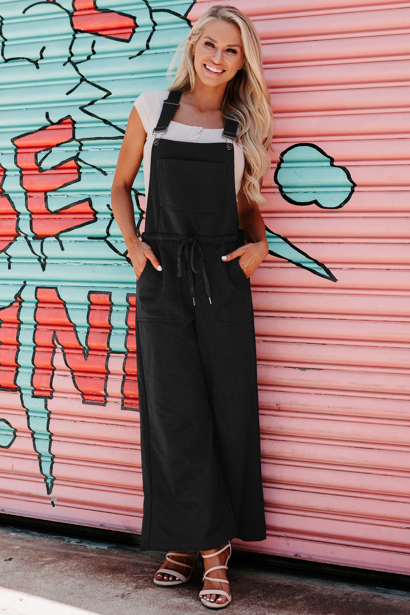 Contagious Smiles Wide Leg French Terry Overalls (Black) - NanaMacs
