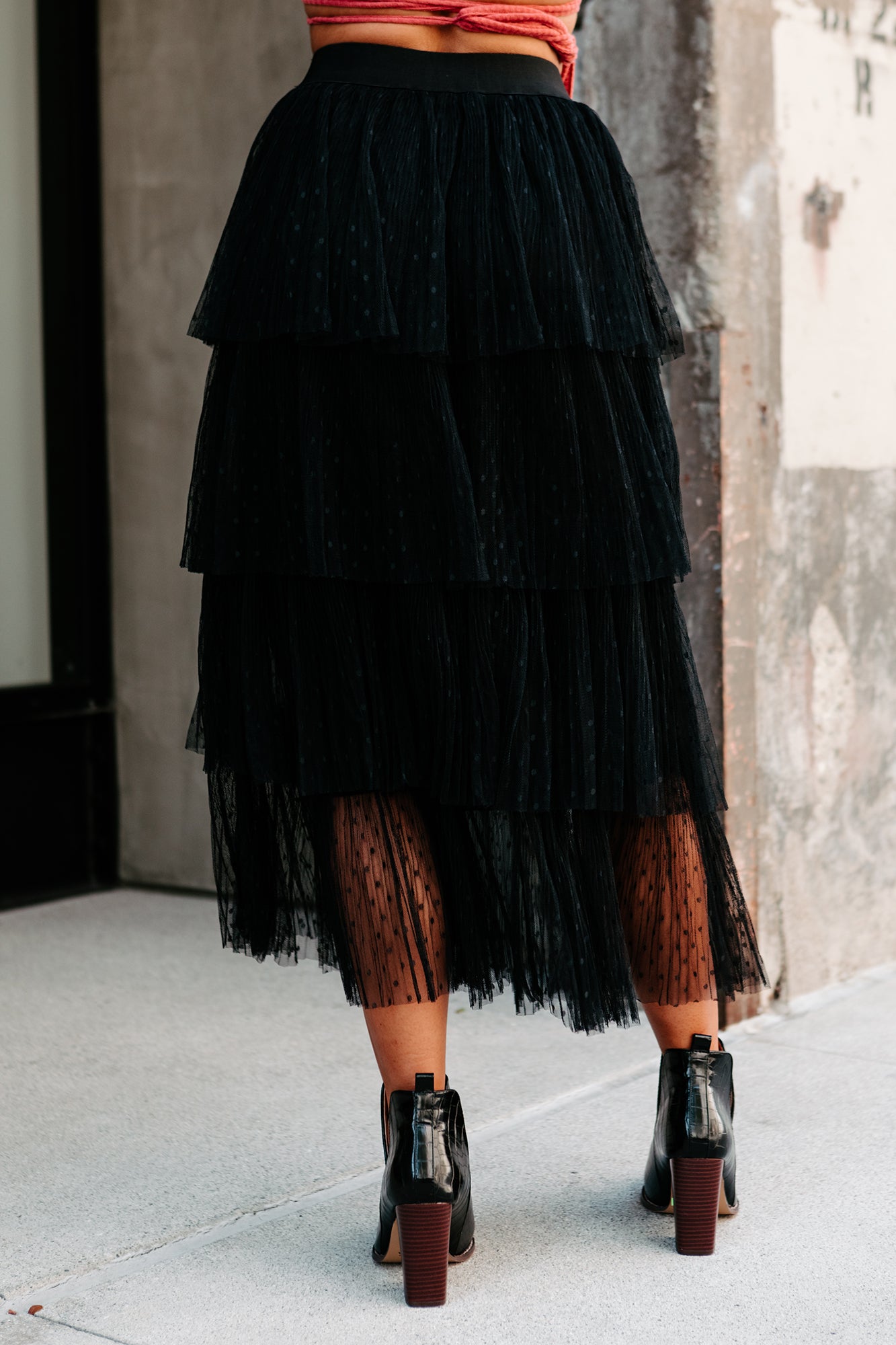 Take A Bow Tiered Tulle Midi Skirt (Black) - NanaMacs