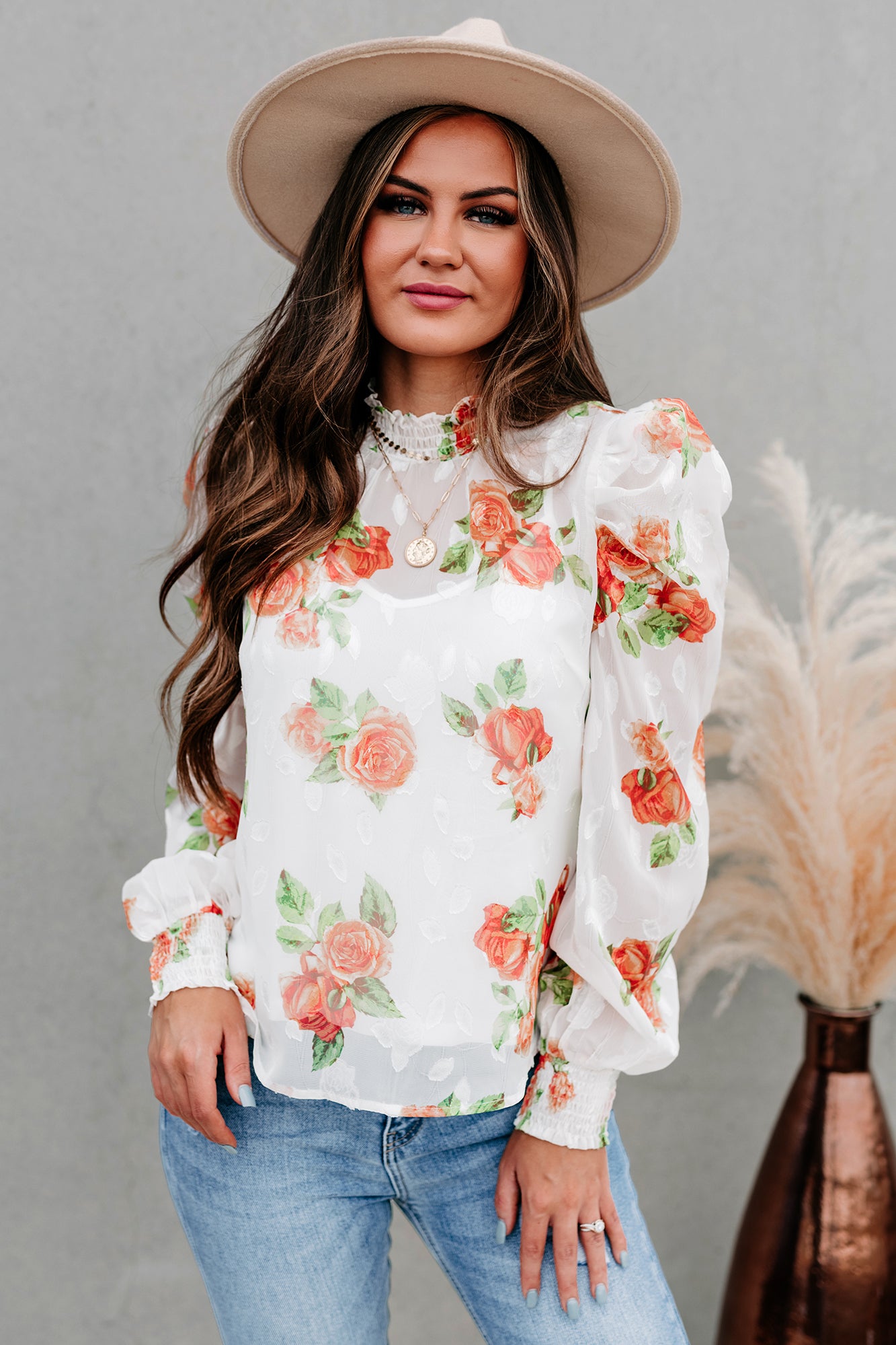 Preferential Treatment Floral High Neck Puff Shoulder Top (Off White) - NanaMacs