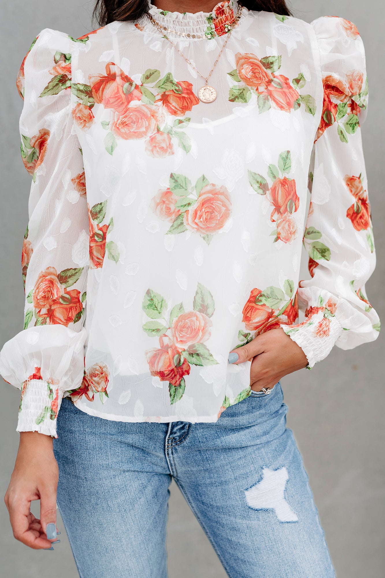 Preferential Treatment Floral High Neck Puff Shoulder Top (Off White) - NanaMacs