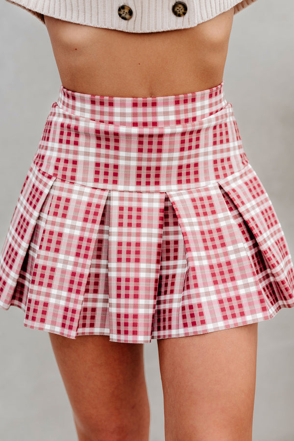 Best I Ever Plaid Pleated Plaid Mini Skort (Burgundy) - NanaMacs