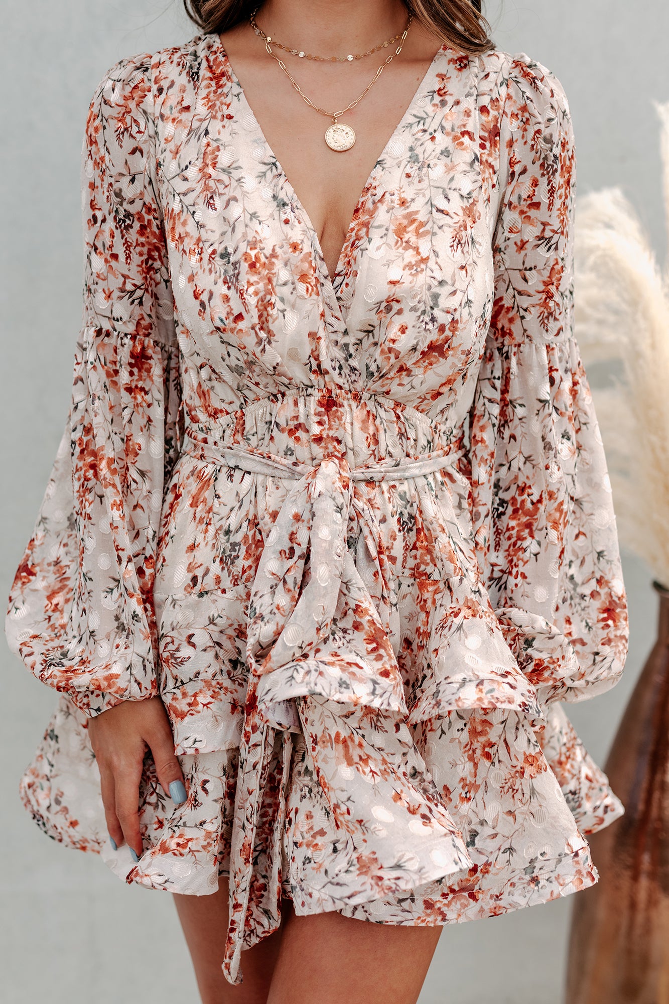 Wow Worthy Floral Ruffled Long Sleeve Dress (Ivory) - NanaMacs