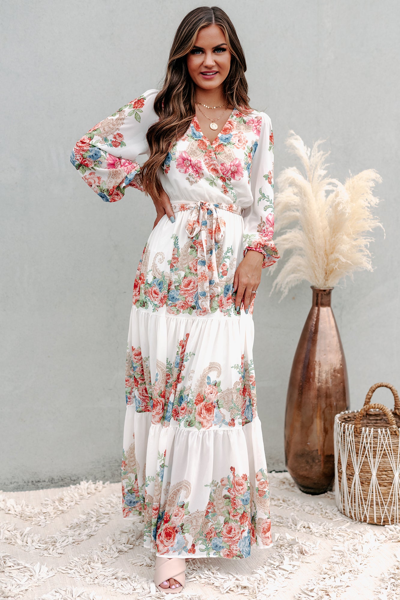 Once And Flor-all Long Sleeve Floral Maxi Dress (Ivory) - NanaMacs
