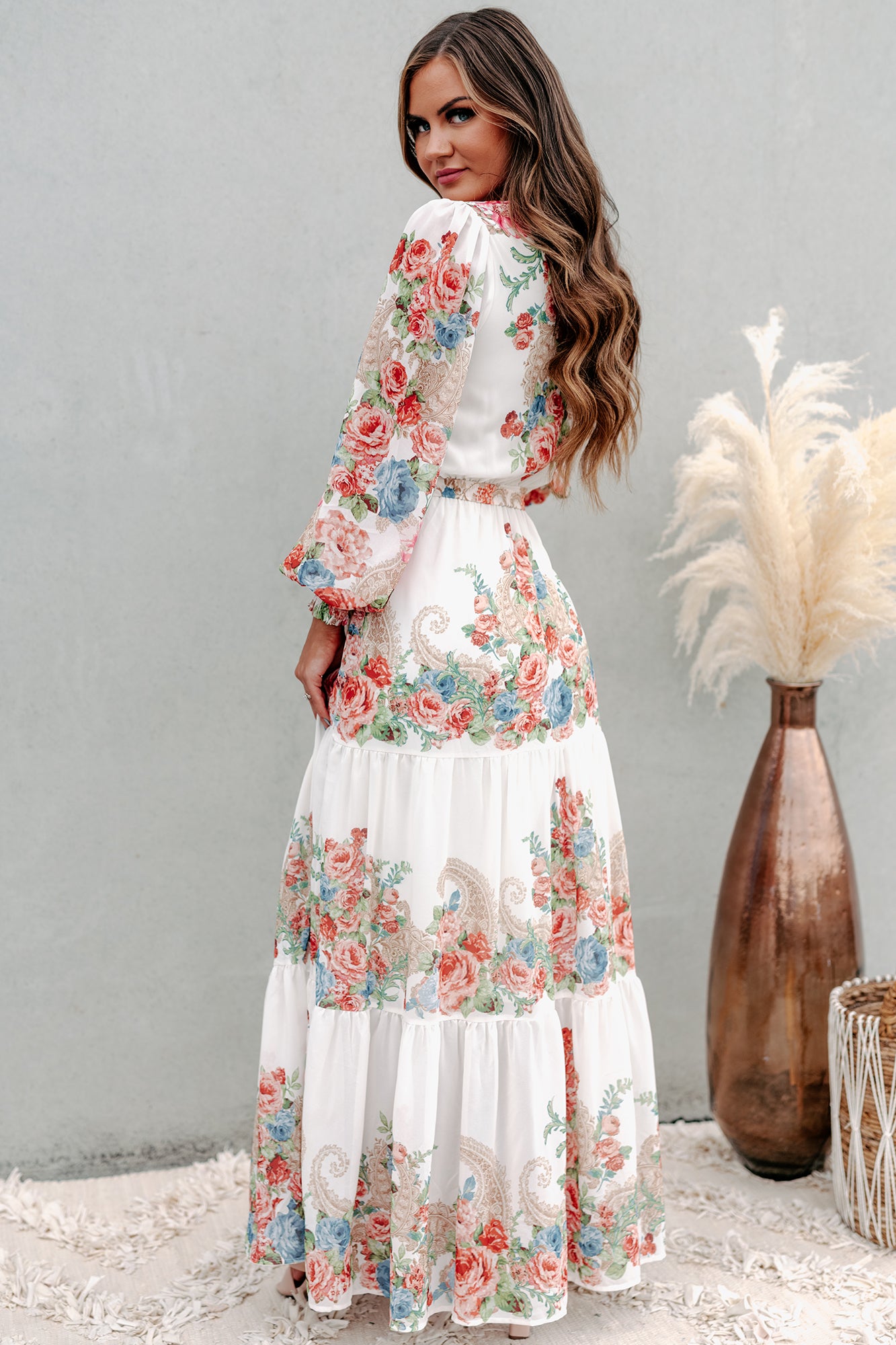 Once And Flor-all Long Sleeve Floral Maxi Dress (Ivory) - NanaMacs