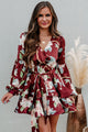 Decadent Desires Long Sleeve Floral Mini Dress (Wine) - NanaMacs