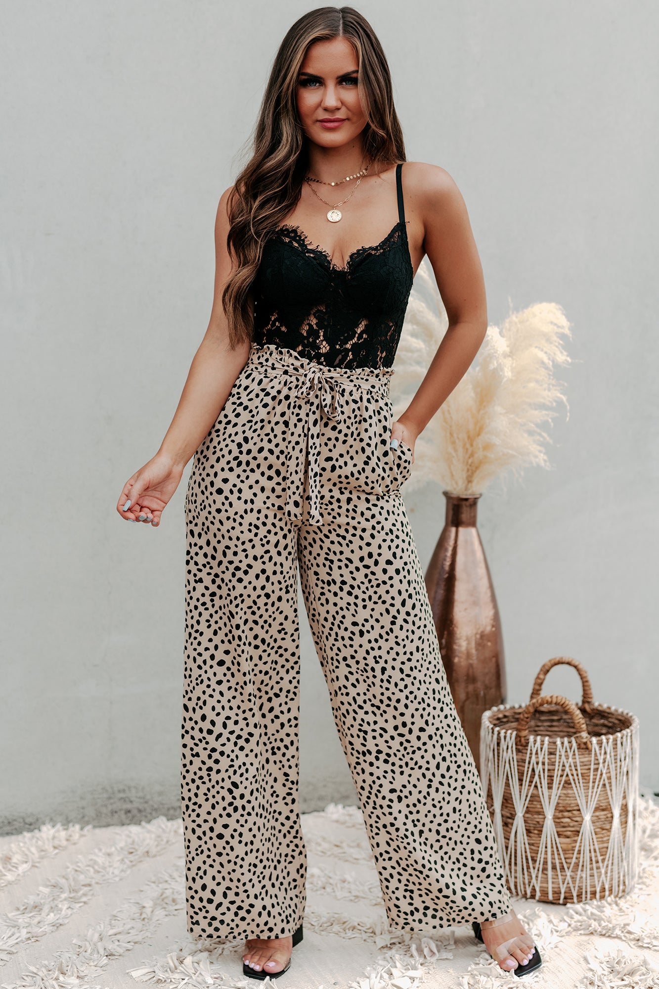 Fiercely Fashionable Wide Leg Printed Paperbag Pants (Taupe) - NanaMacs